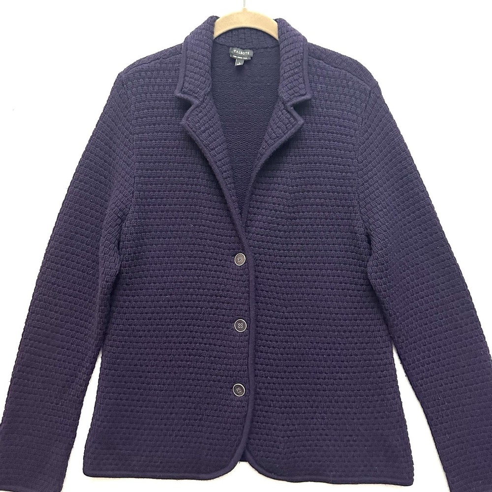 Talbots Womens‎ L Sweater 100% Merino Wool Textured Cardigan Midnight Purple